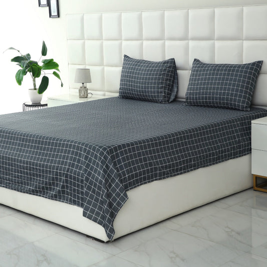 3 PCs Double Bed Sheet-Grey Check Bed Sheets Apricot