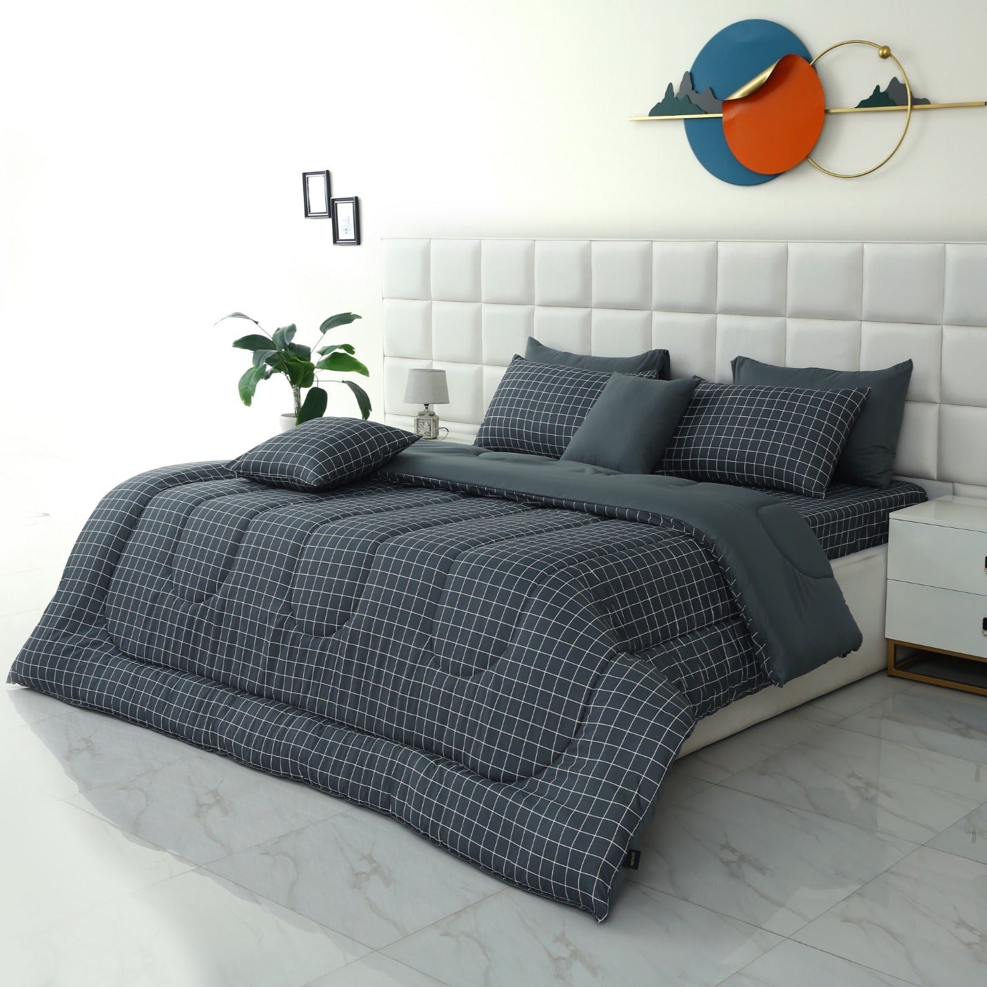 8 PCs Winter Comforter Set-Grey Check Comforters Apricot