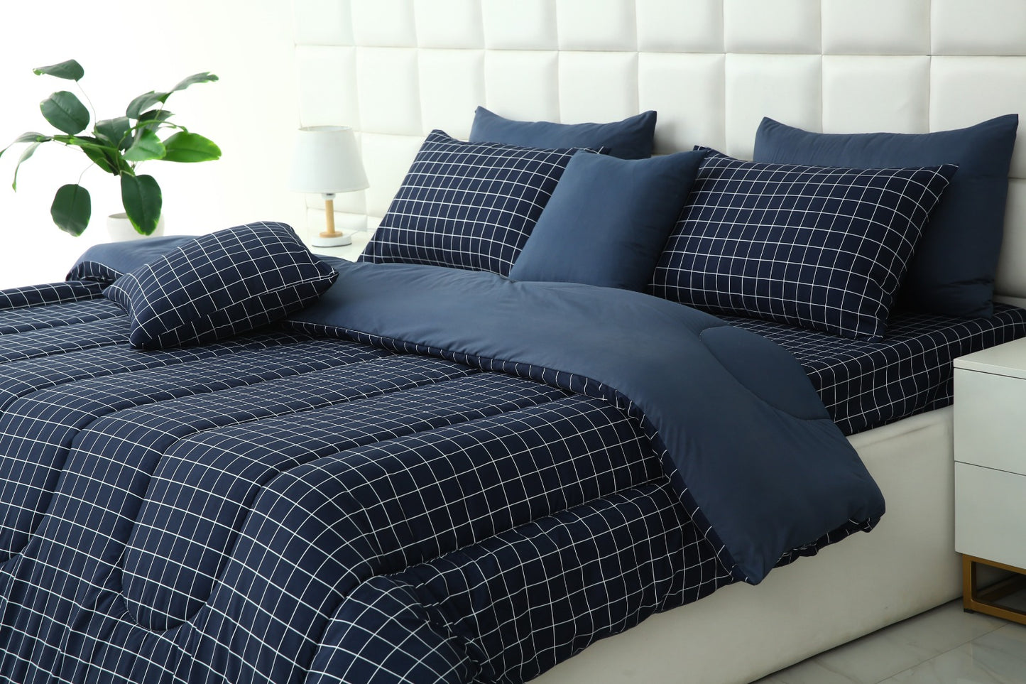 5 PCs Single Comforter Set-Blue Check Comforters Apricot