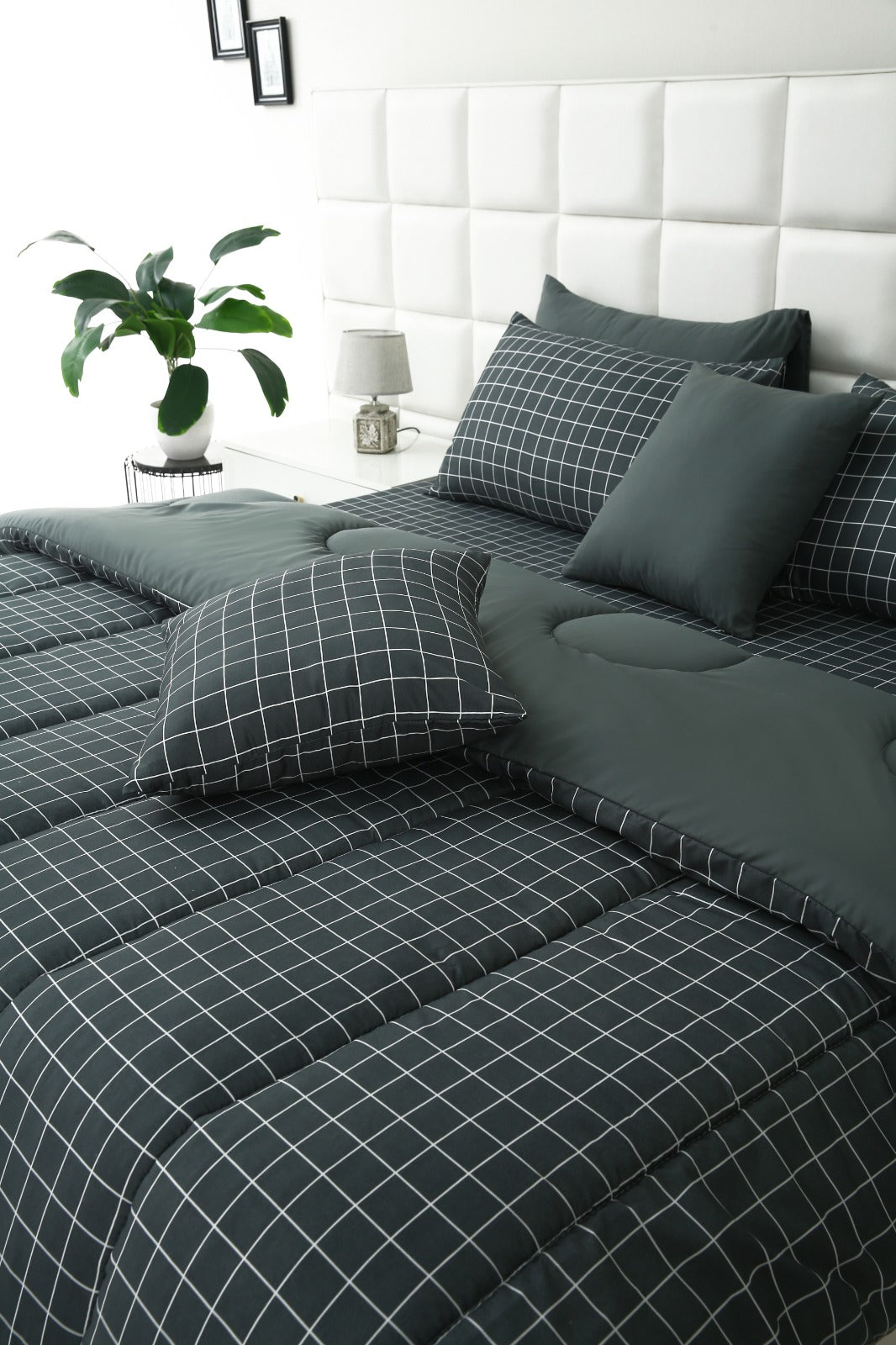 8 PCs Winter Comforter Set-Grey Check Comforters Apricot