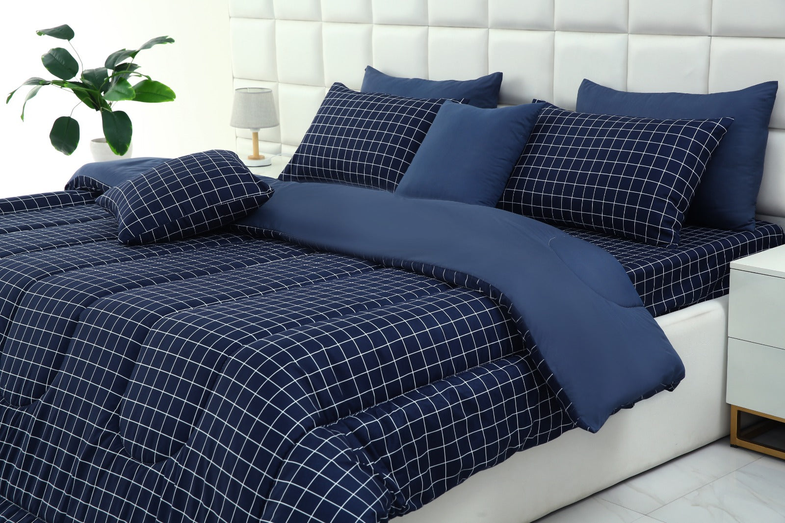 5 PCs Single Comforter Set-Blue Check Comforters Apricot