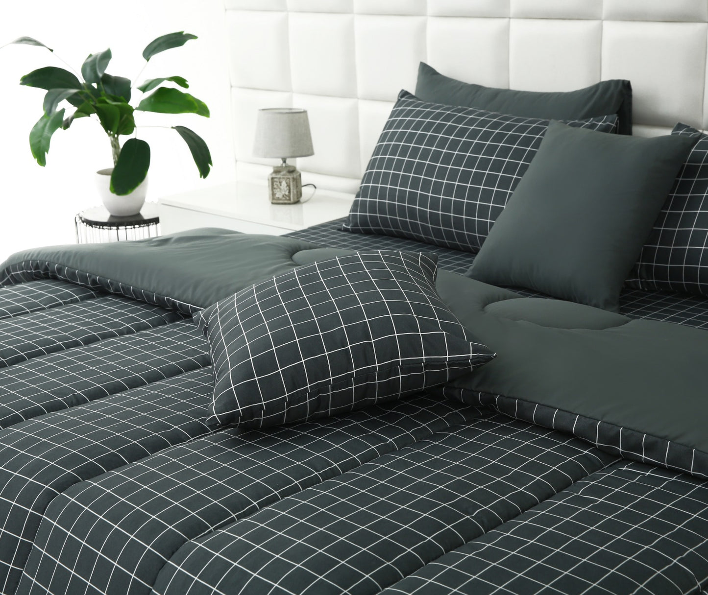 8 PCs Winter Comforter Set-Grey Check Comforters Apricot