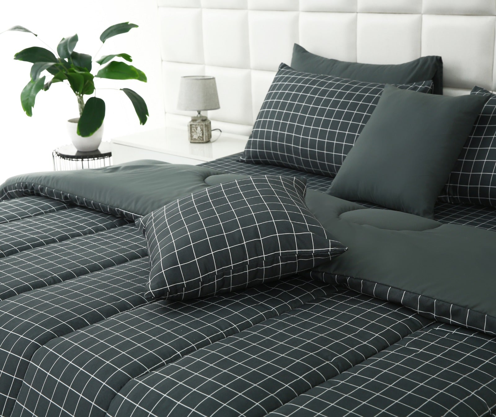 5 PCs Single Comforter Set-Grey Check Comforters Apricot