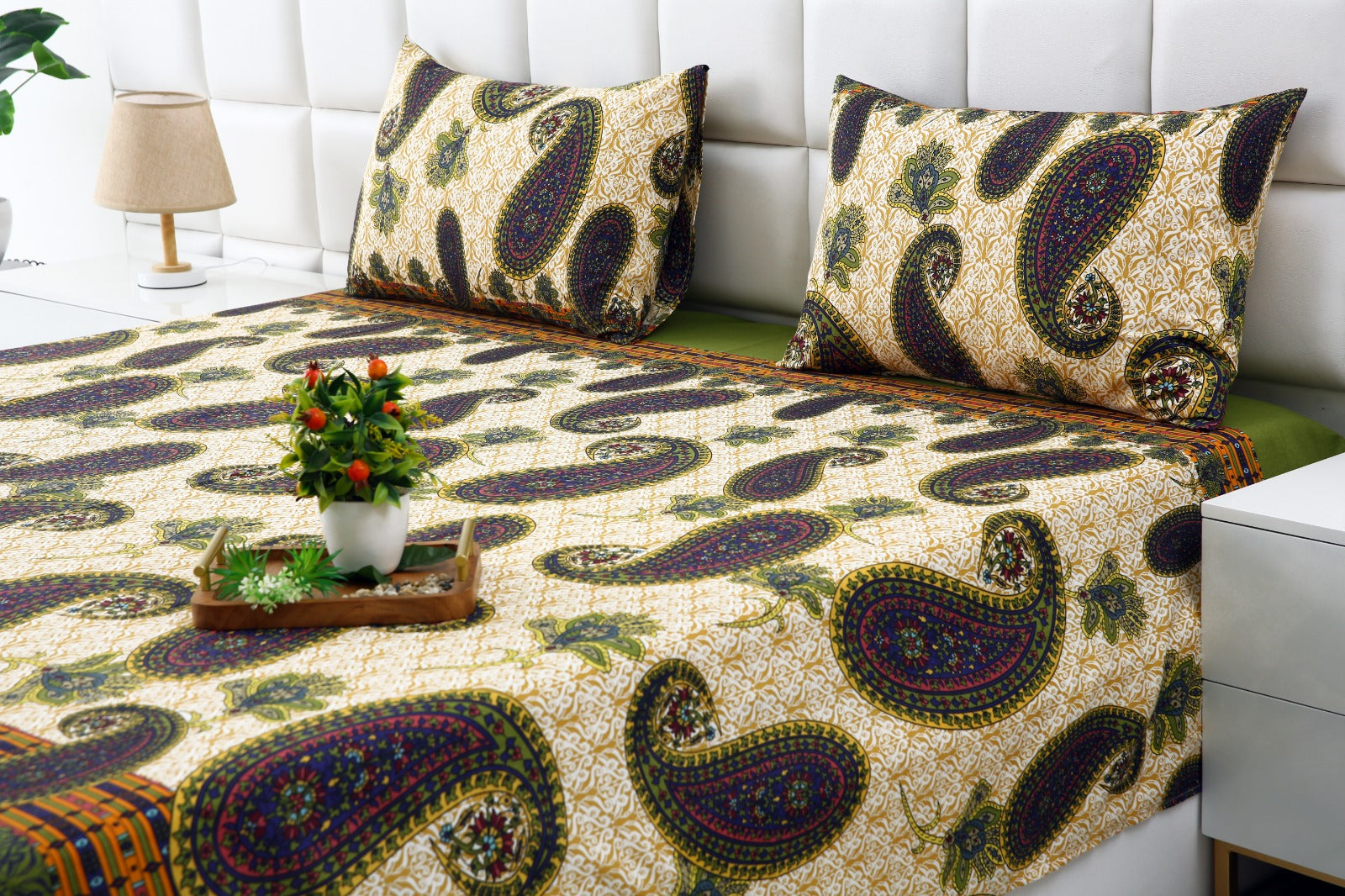 3 PCs Double Bed Sheet-Green Paisleys Bed Sheets Apricot