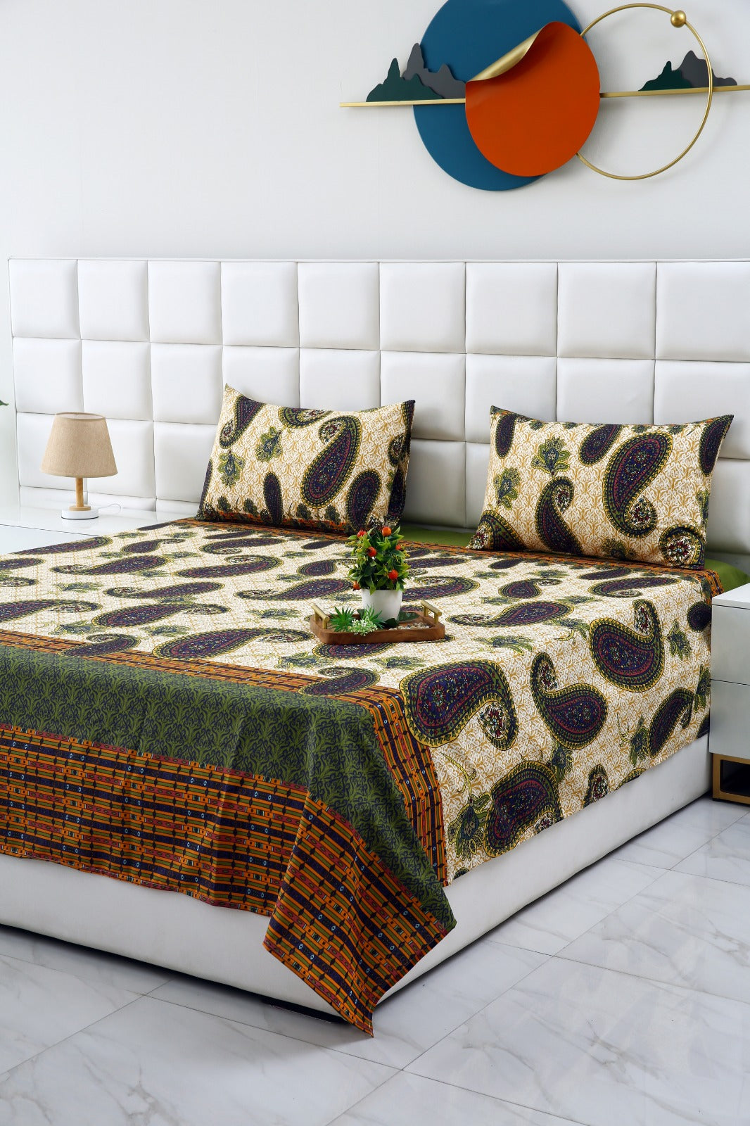 3 PCs Double Bed Sheet-Green Paisleys Bed Sheets Apricot