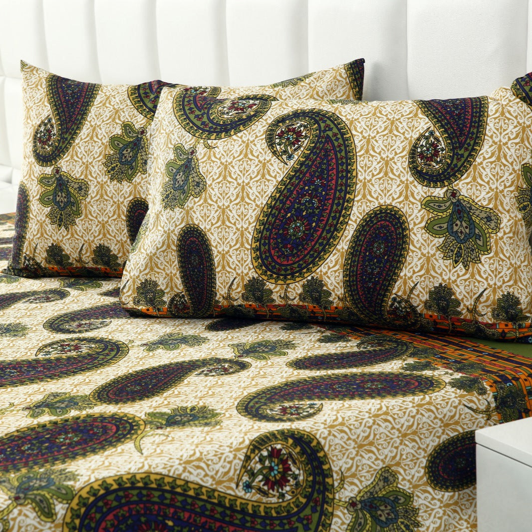 3 PCs Double Bed Sheet-Green Paisleys Bed Sheets Apricot