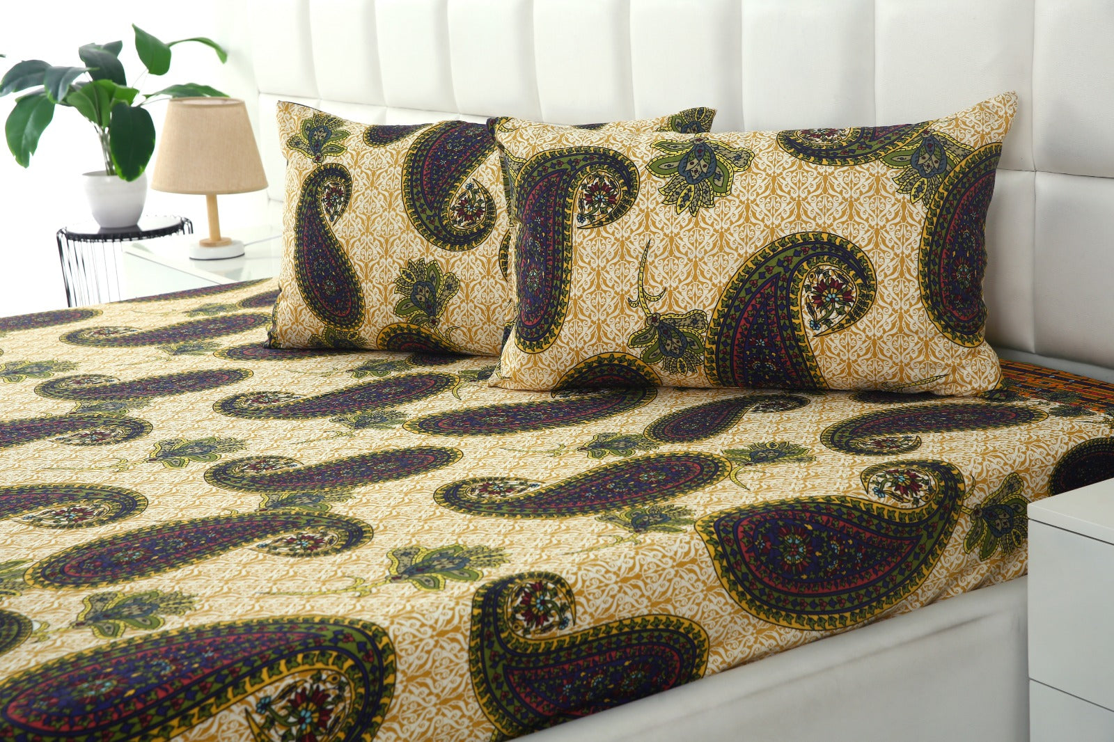 Fitted Bed Sheet-Green Paisleys Fitted Sheets Apricot