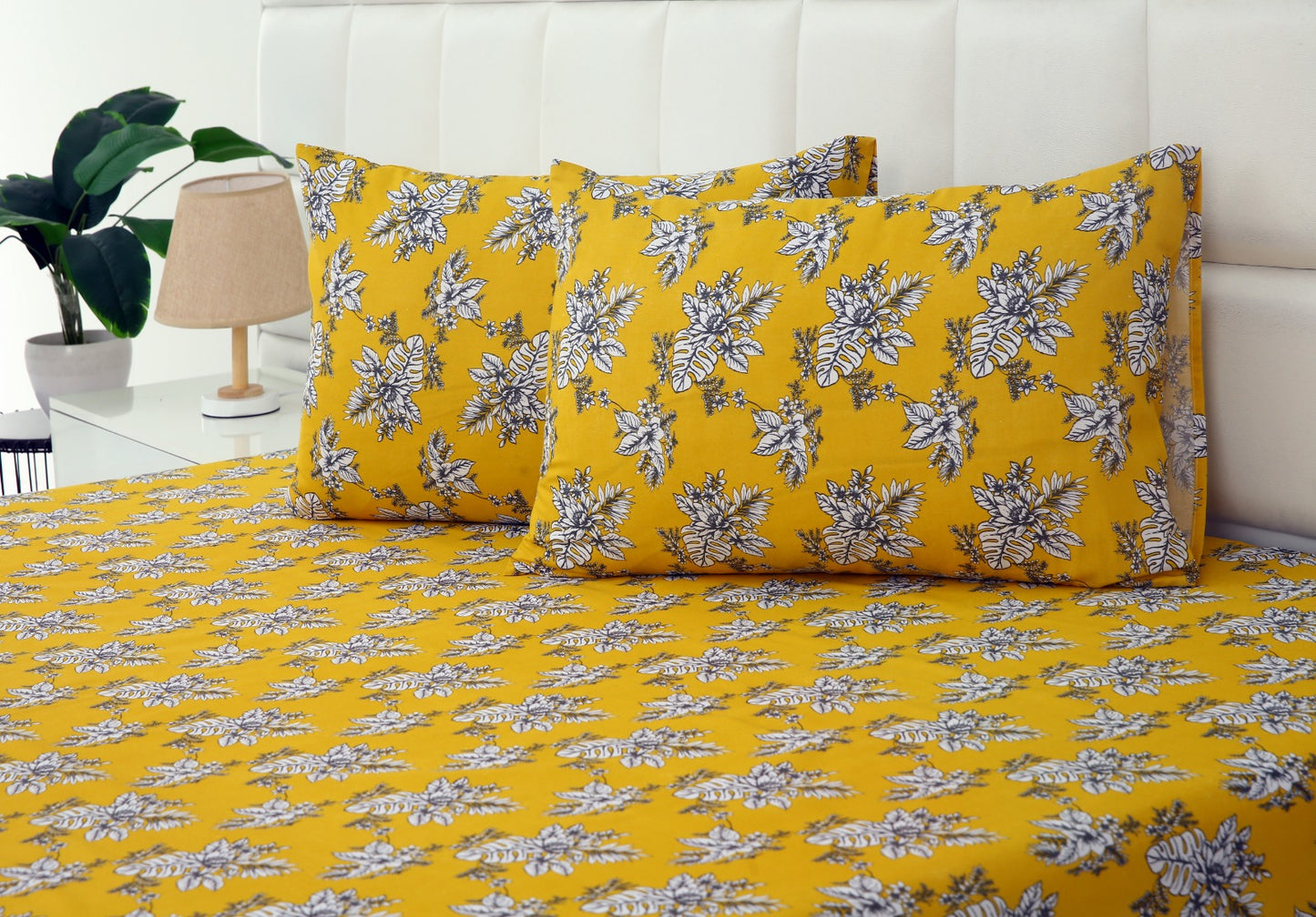 3 PCs Double Bed Sheet-Mustard Garden Bed Sheets Apricot