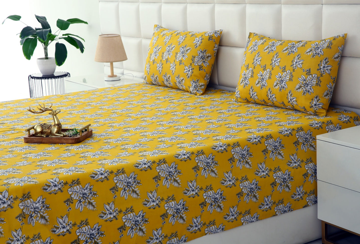 3 PCs Double Bed Sheet-Mustard Garden Bed Sheets Apricot