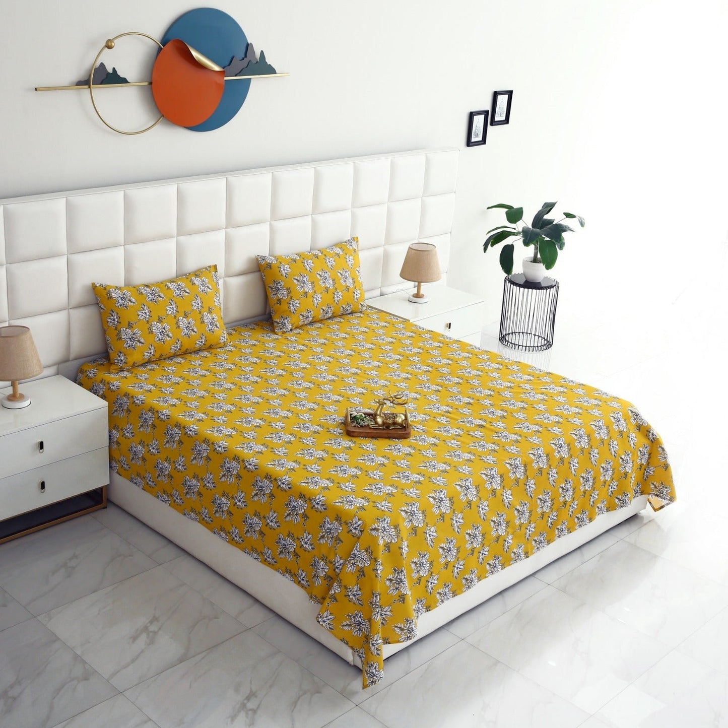 3 PCs Double Bed Sheet-Mustard Garden Bed Sheets Apricot