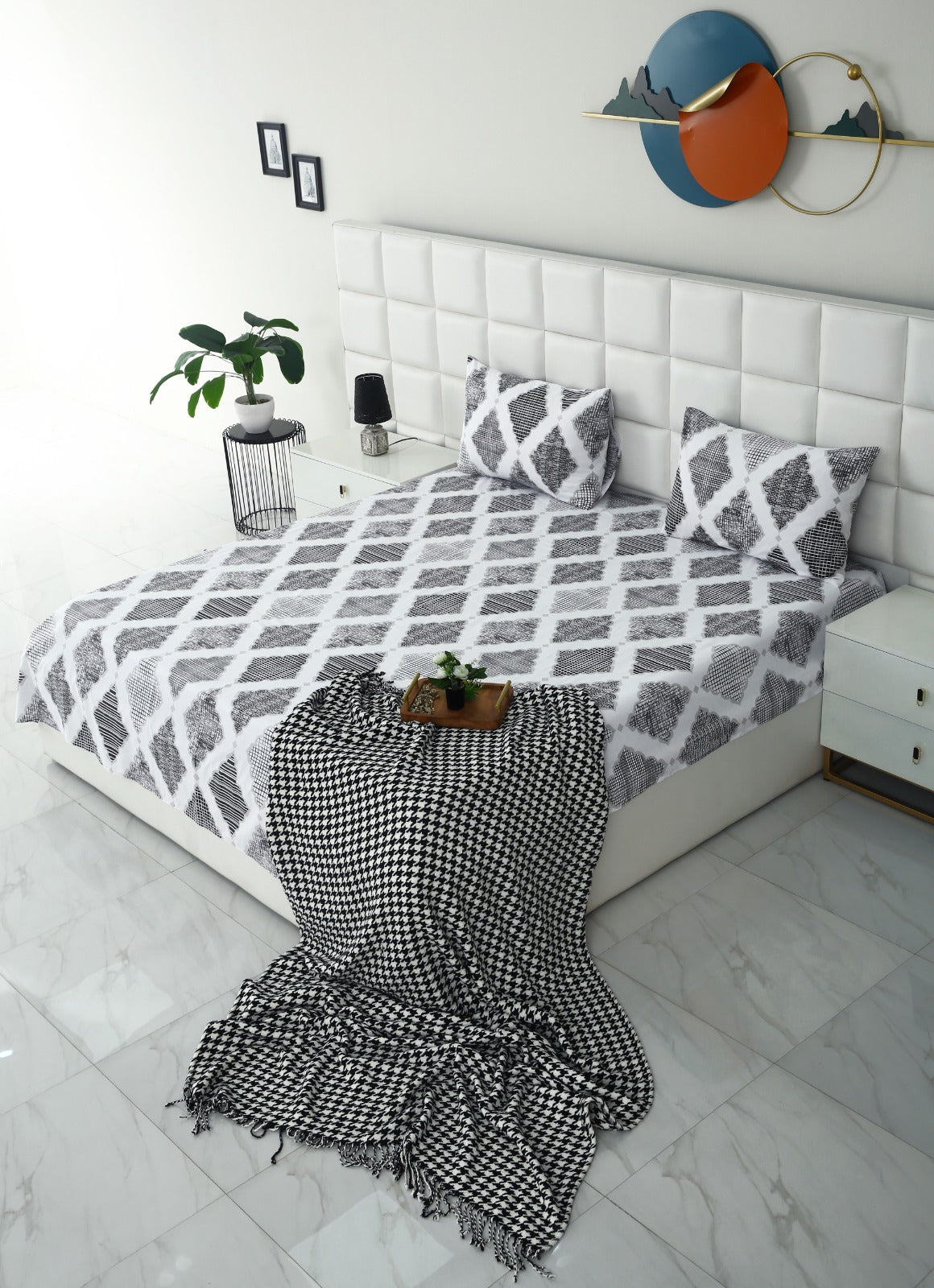 3 PCs Double Bed Sheet-Grey Diamond Bed Sheets Apricot