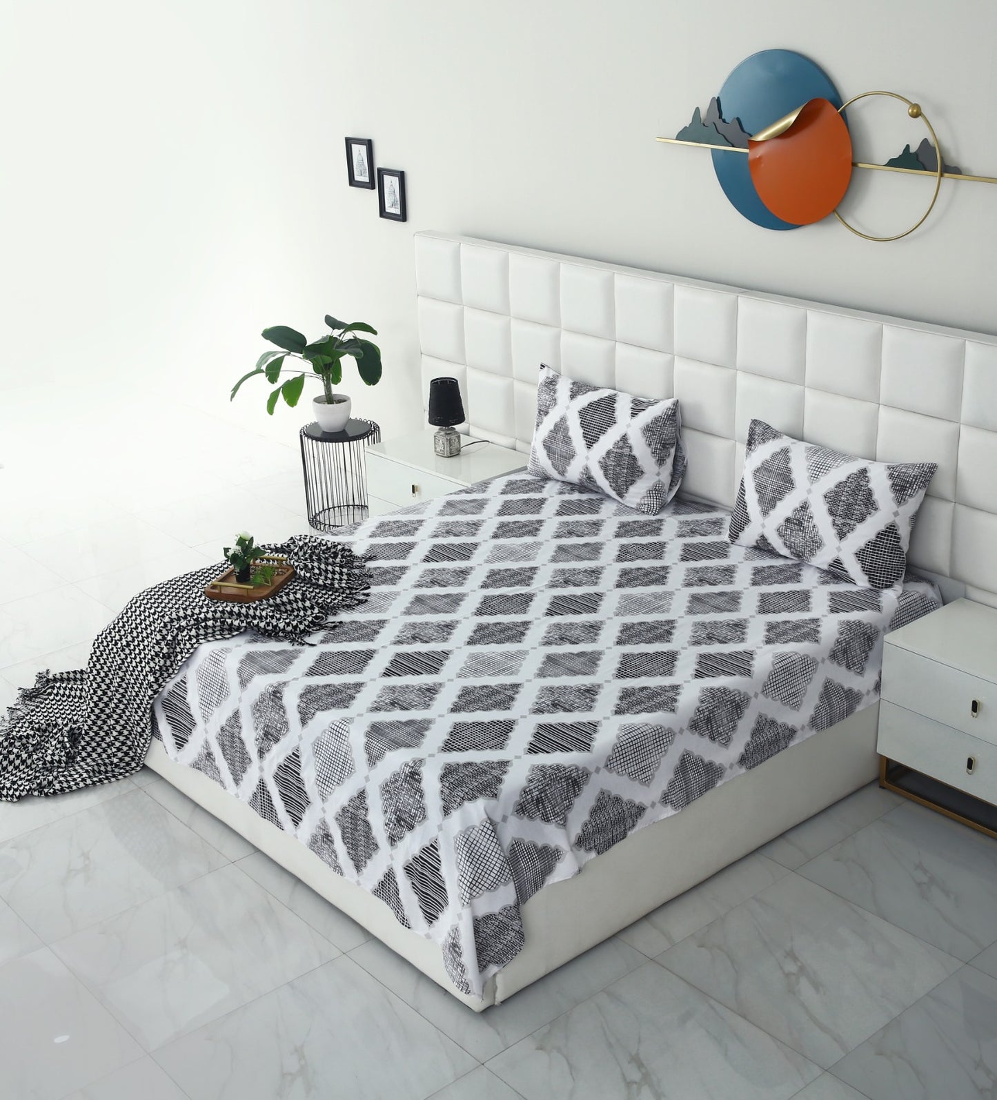 3 PCs Double Bed Sheet-Grey Diamond Bed Sheets Apricot