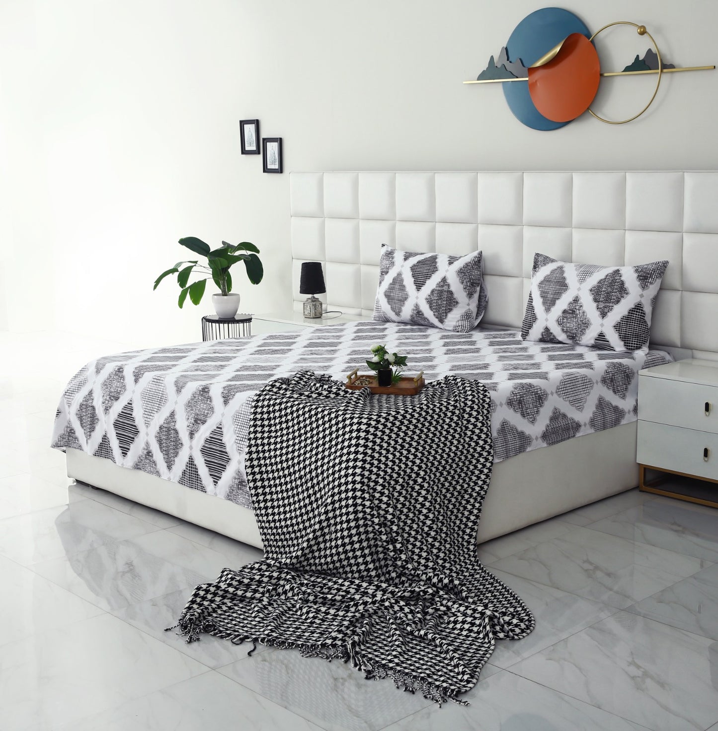 3 PCs Double Bed Sheet-Grey Diamond Bed Sheets Apricot