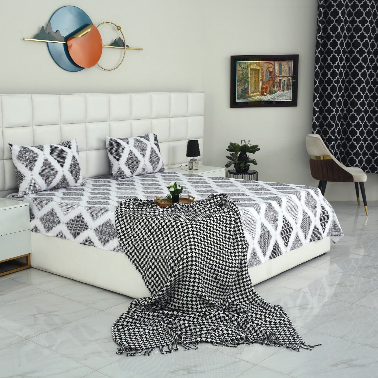 3 PCs Double Bed Sheet-Grey Diamond Bed Sheets Apricot