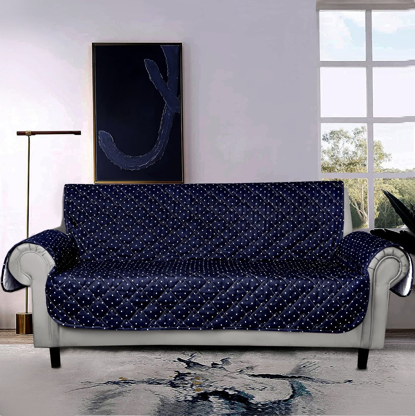 Sofa Cover-Blue Polka With Pockets Sofa Cover Apricot