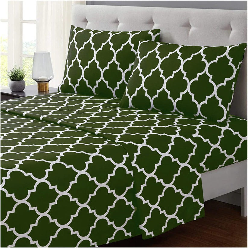 3 PCs Double Bed Sheet-Olive Geometric Bed Sheets Apricot