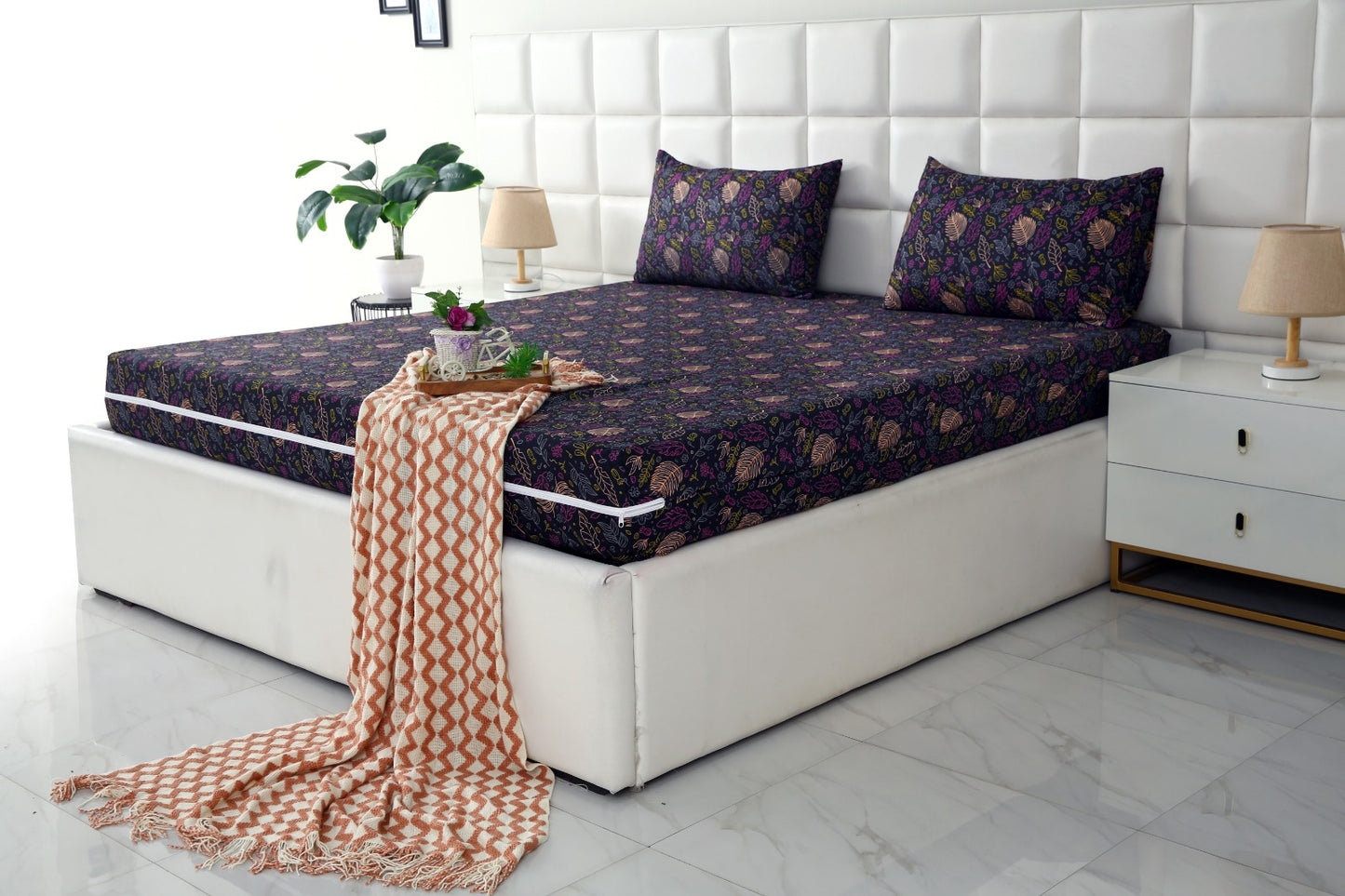 Zipper Mattress Cover Printed-Black Lilly Protectors Apricot