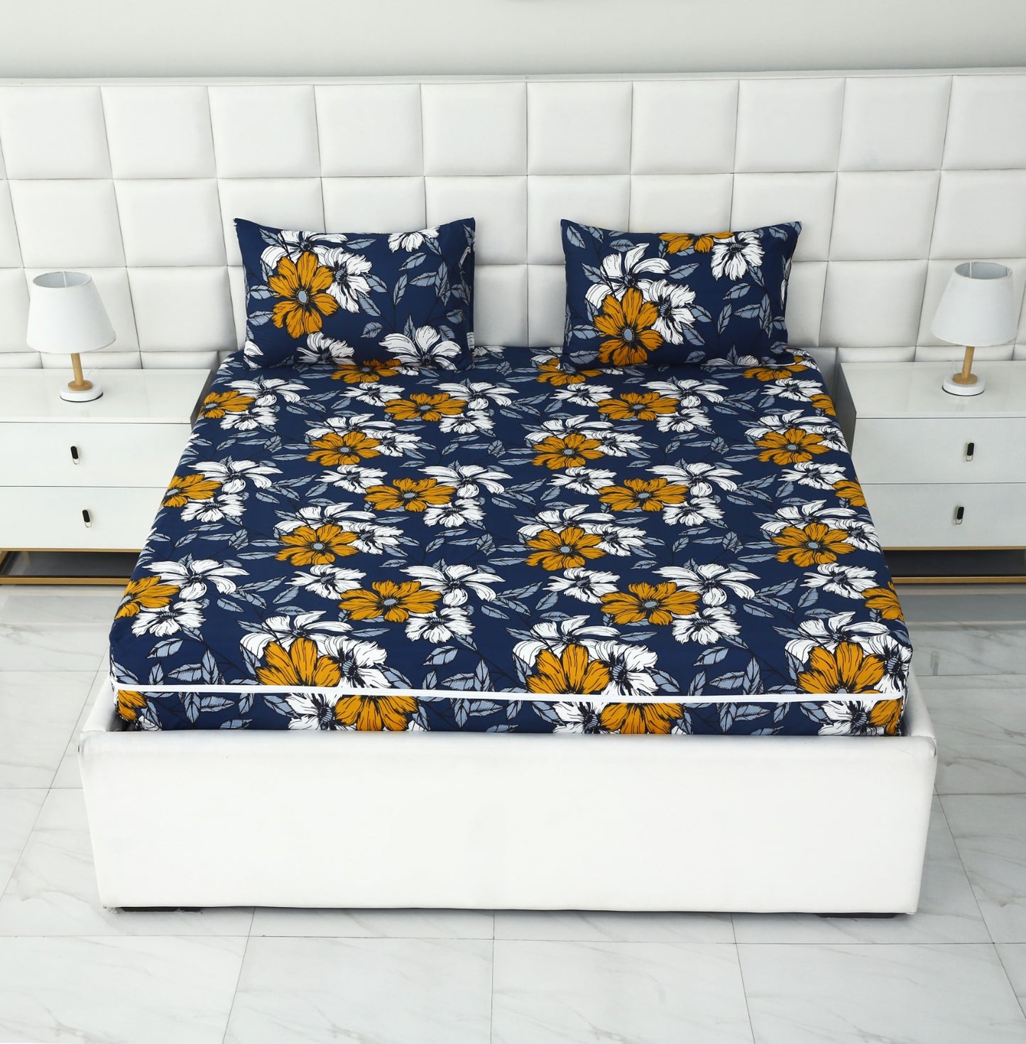 Zipper Mattress Cover Printed-White Flower Protectors Apricot