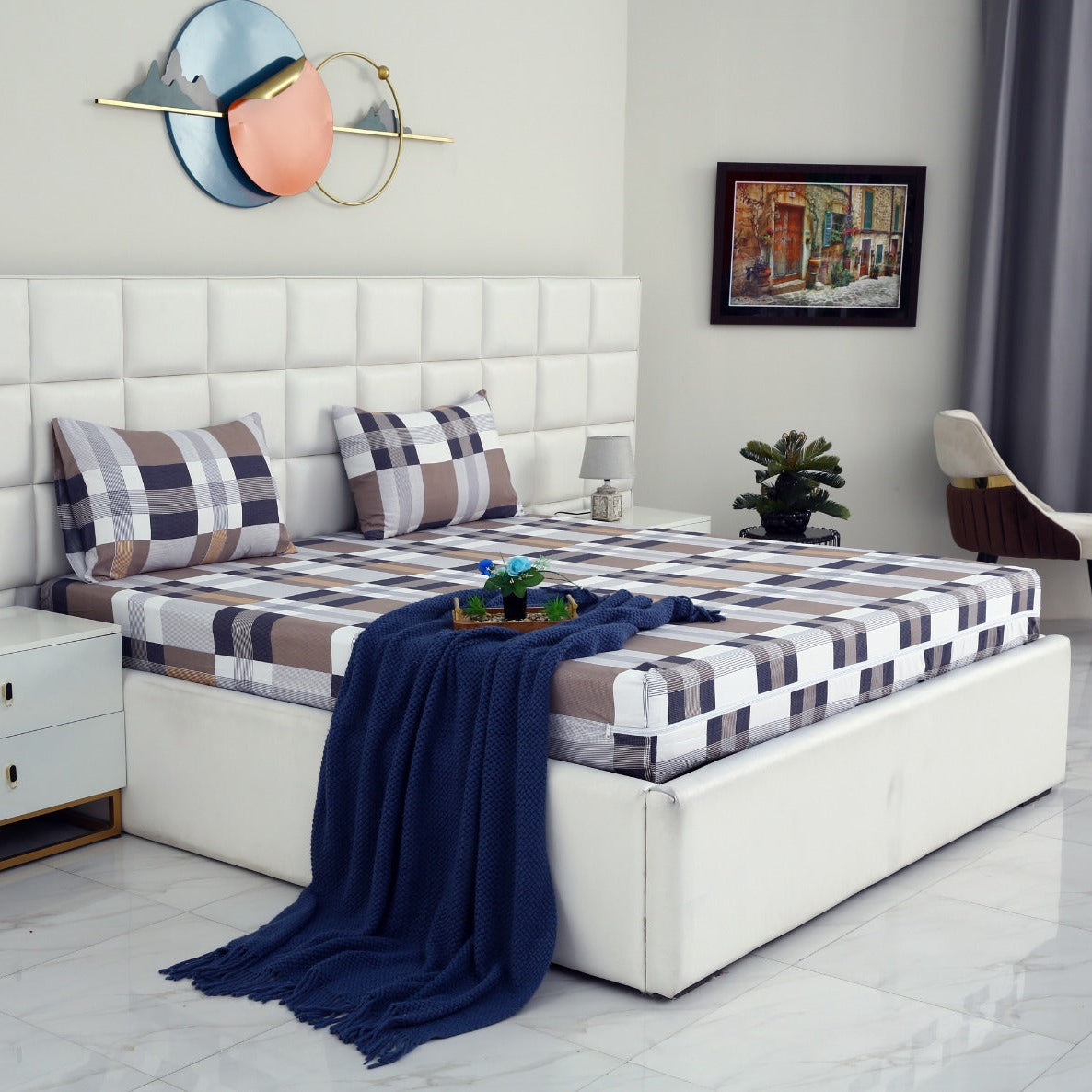 Zipper Mattress Cover Printed-Brown Check Protectors Apricot