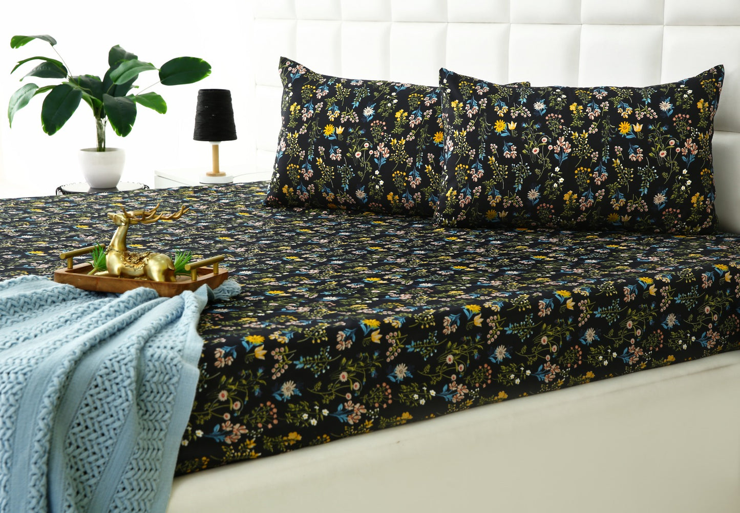 3 PCs Double Bed Sheet-Black Meadows Bed Sheets Apricot