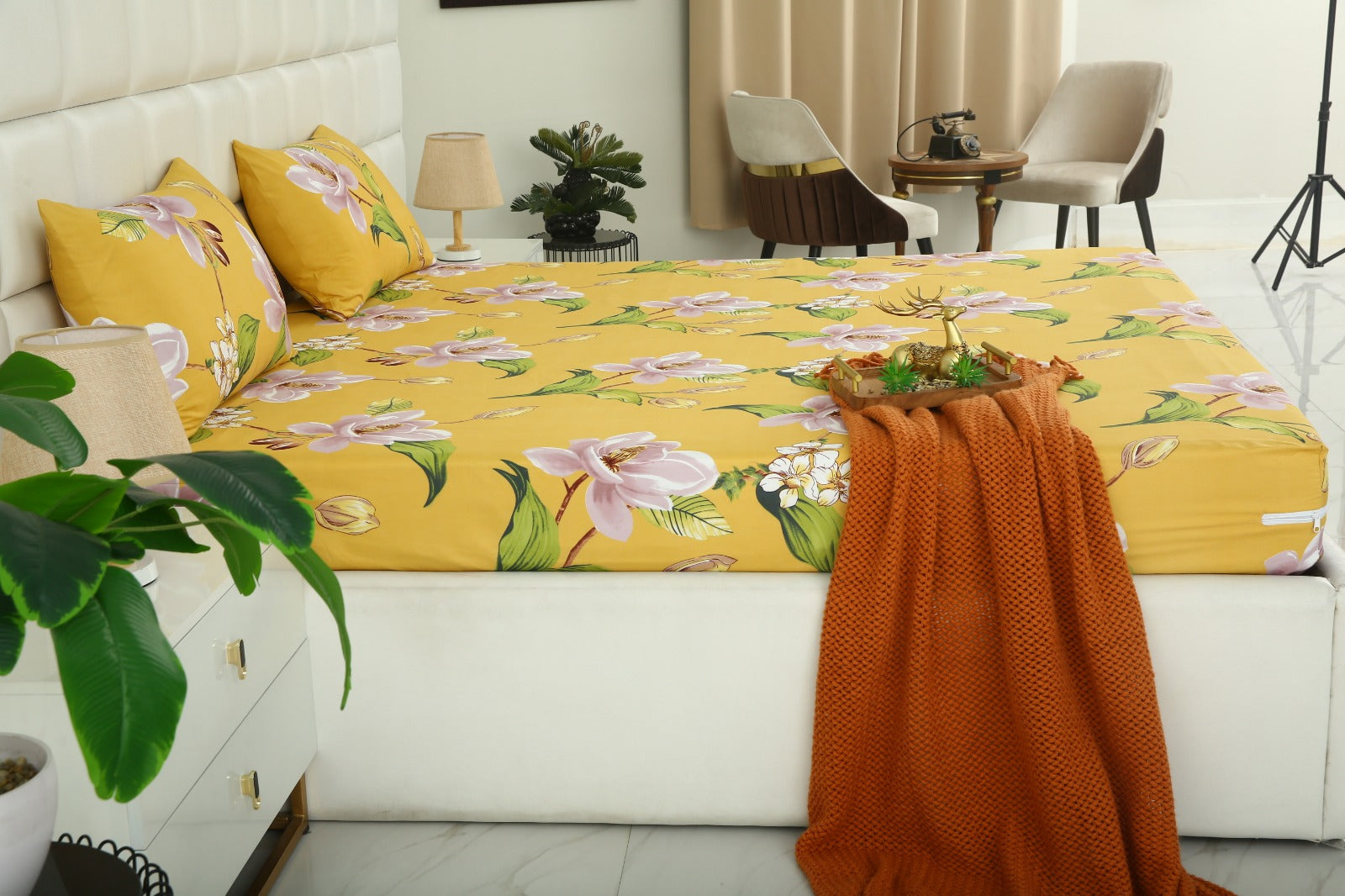 Zipper Mattress Cover Printed-Hibiscus Protectors Apricot