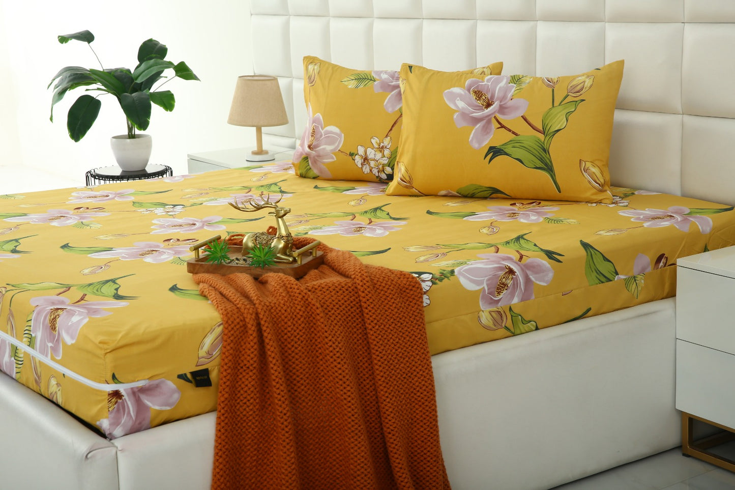 Zipper Mattress Cover Printed-Hibiscus Protectors Apricot