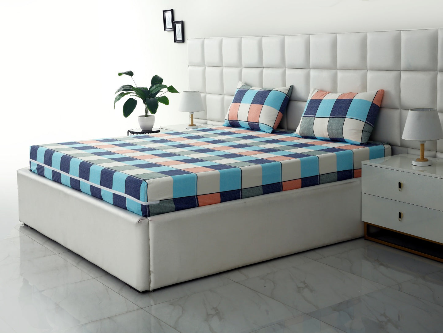 Zipper Mattress Cover Printed-Pastel Check Protectors Apricot