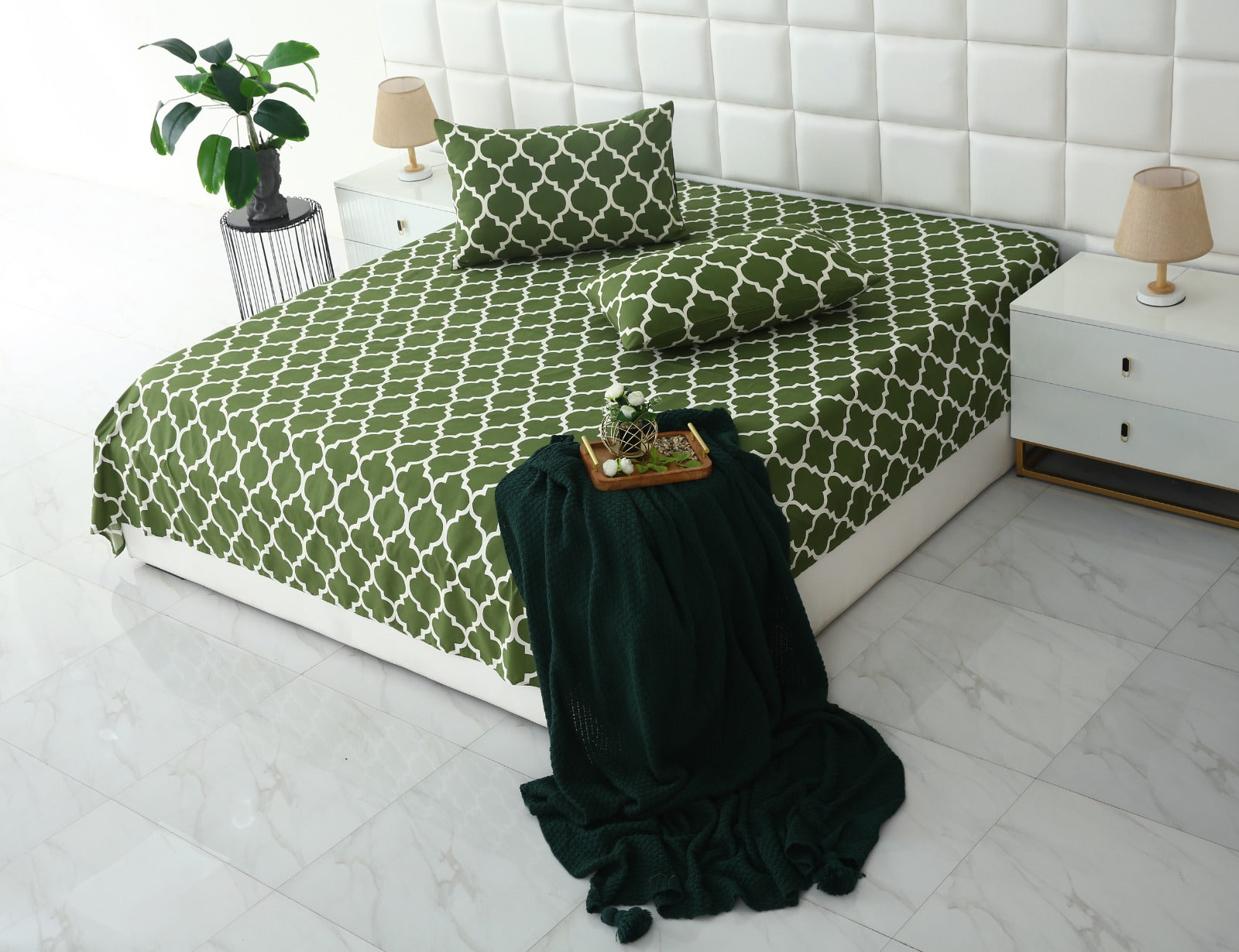 3 PCs Bed Sheet-Olive Geometric BED SHEET Apricot