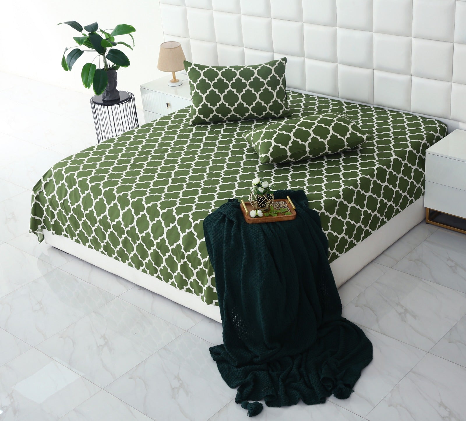 3 PCs Bed Sheet-Olive Geometric BED SHEET Apricot