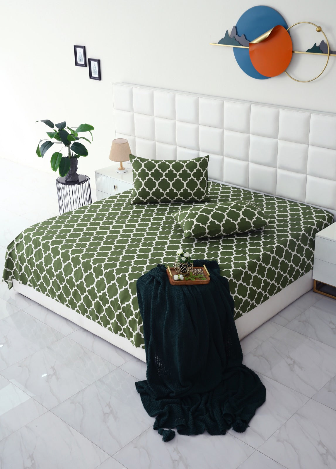 3 PCs Bed Sheet-Olive Geometric BED SHEET Apricot