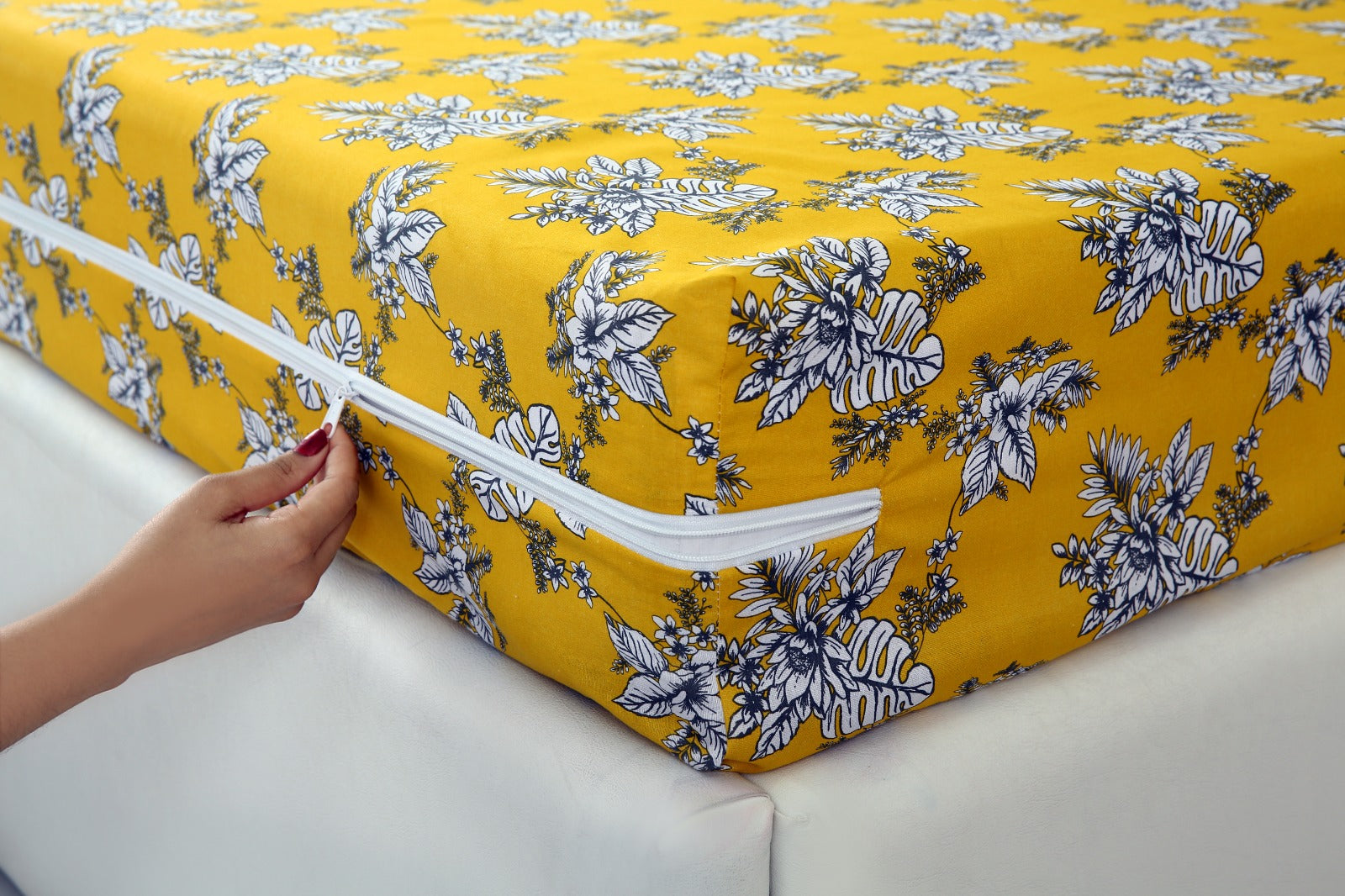 Zipper Mattress Cover Printed-Mustard Garden Protectors Apricot