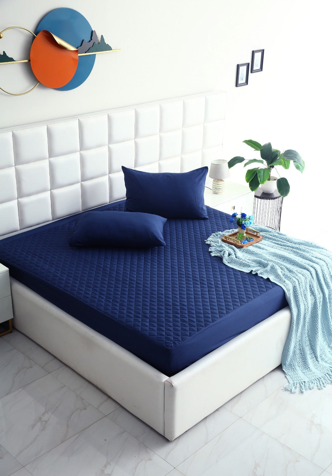 Quilted Waterproof Mattress Protector-Navy Blue