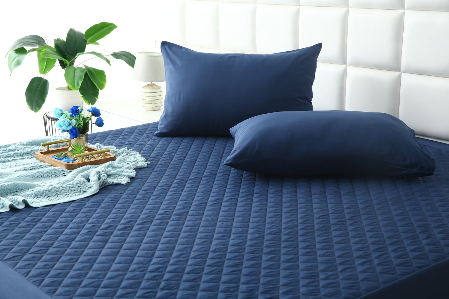 Quilted Waterproof Mattress Protector-Navy Blue