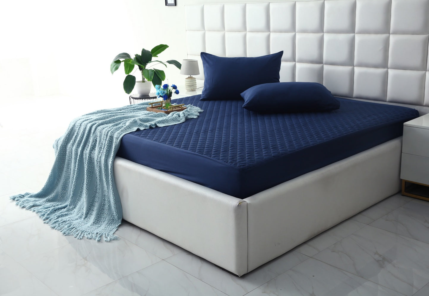 Quilted Waterproof Mattress Protector-Navy Blue