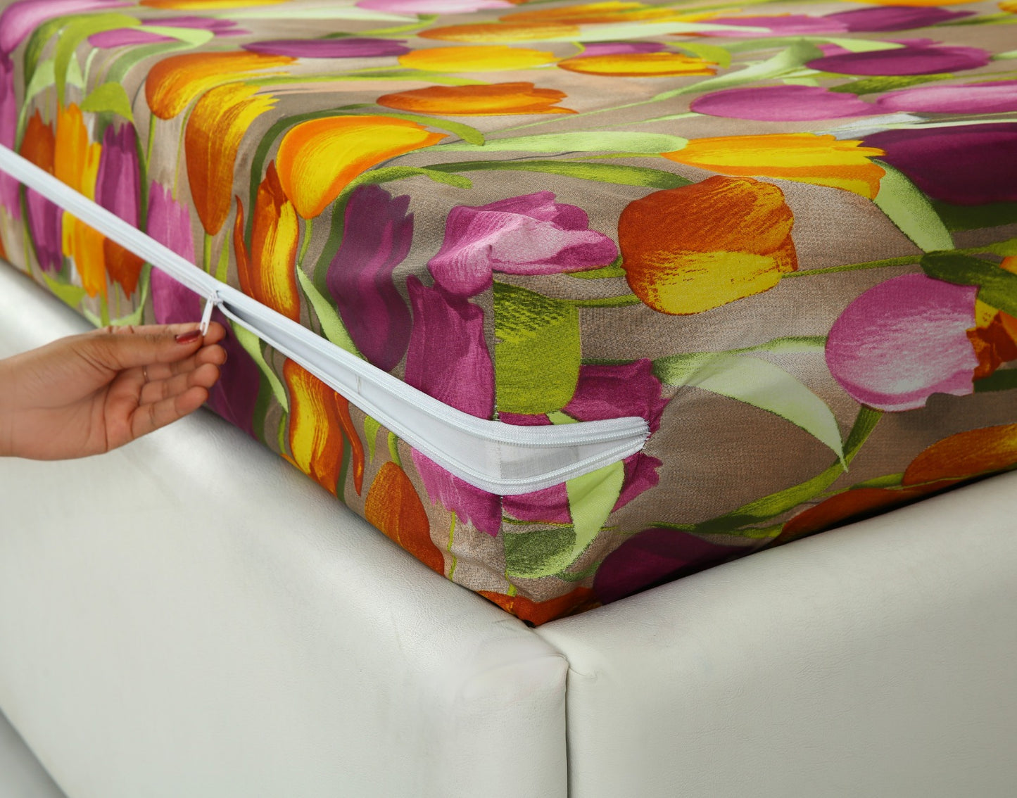 Zipper Mattress Cover Printed-White Tulip Protectors Apricot