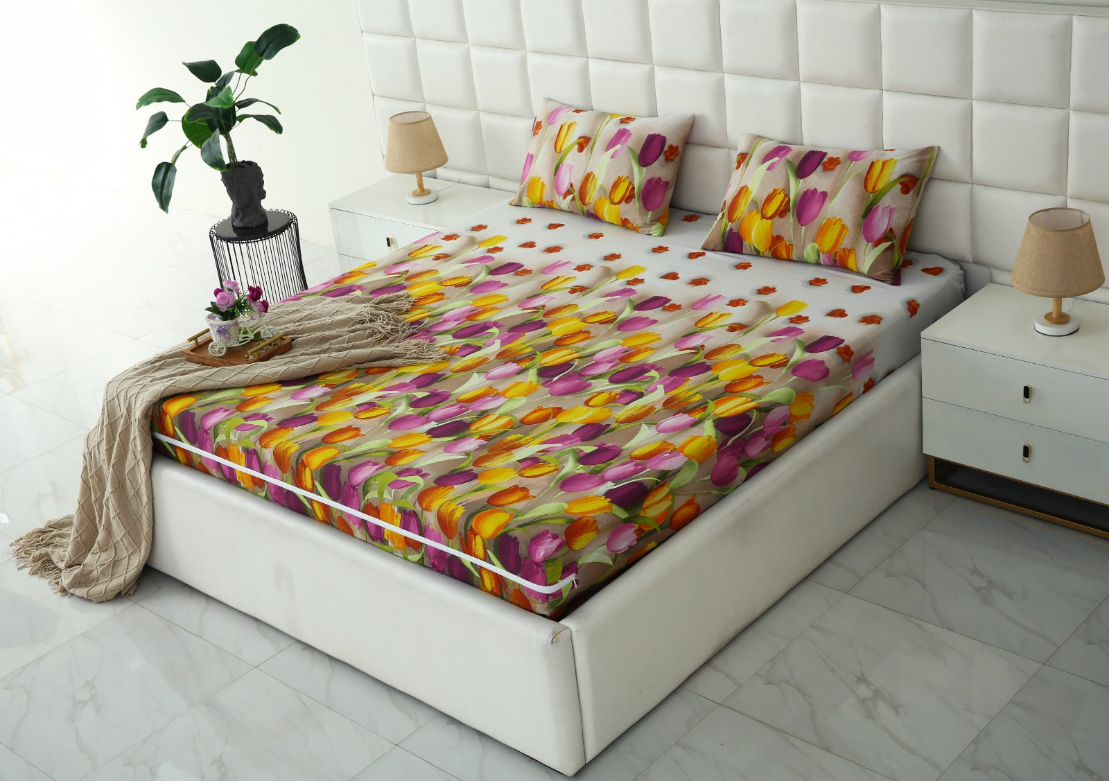 Zipper Mattress Cover Printed-White Tulip Protectors Apricot