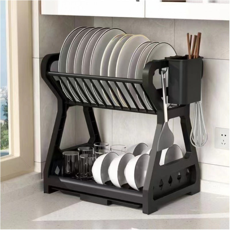 2-Tier-Dish Drying Rack & Utensil Holder(15254)-Black