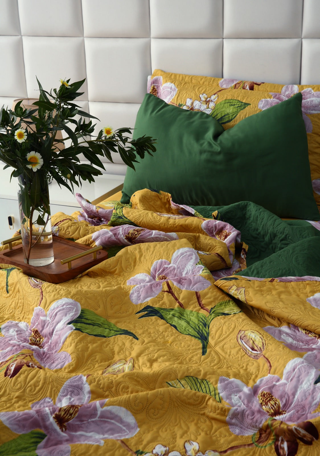 3 PCs Printed Bed Spread Set-Hibiscus Bed Spread Apricot