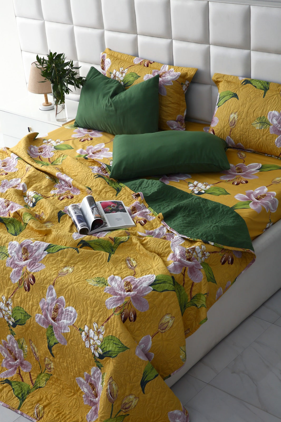 3 PCs Printed Bed Spread Set-Hibiscus Bed Spread Apricot