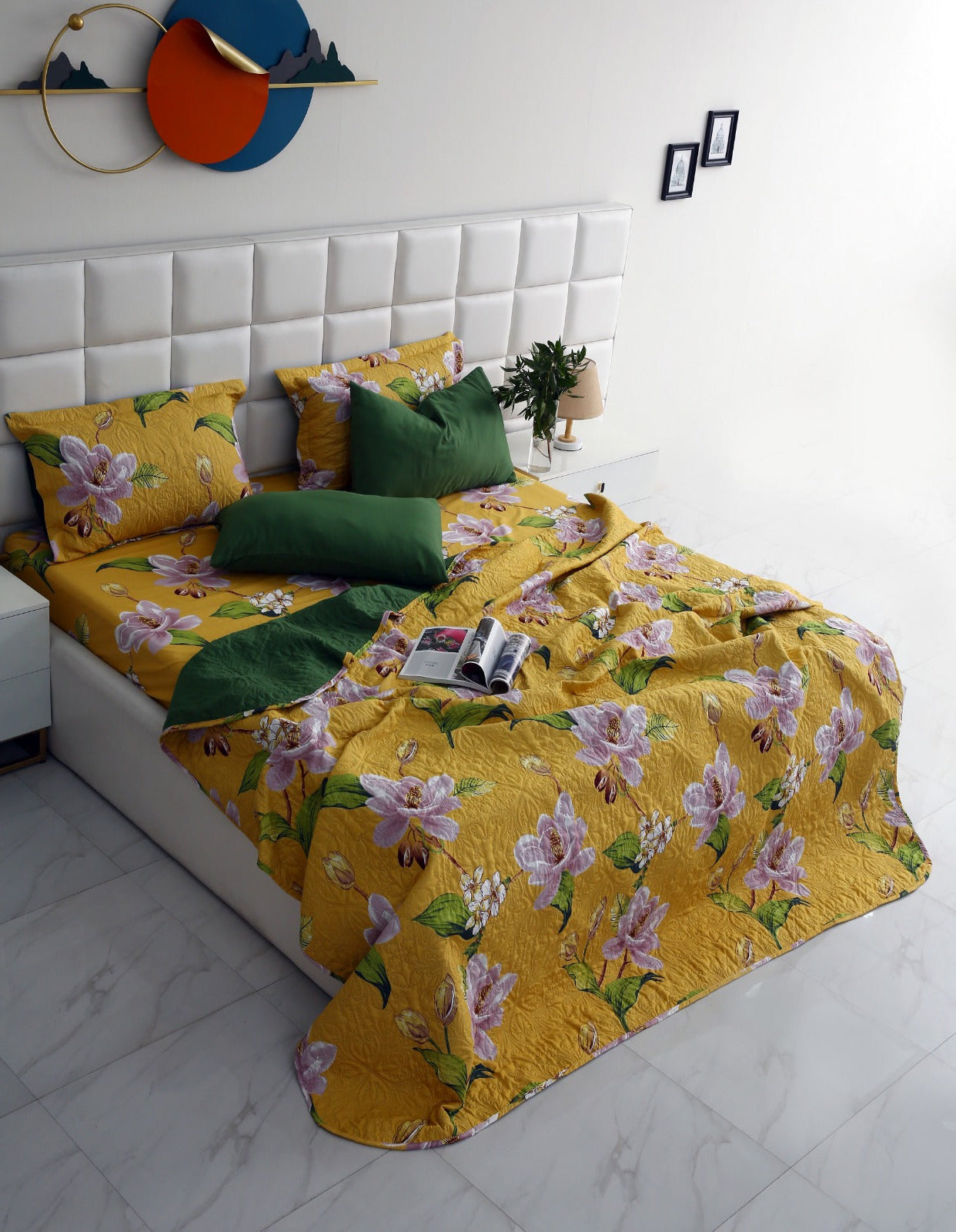 3 PCs Printed Bed Spread Set-Hibiscus Bed Spread Apricot
