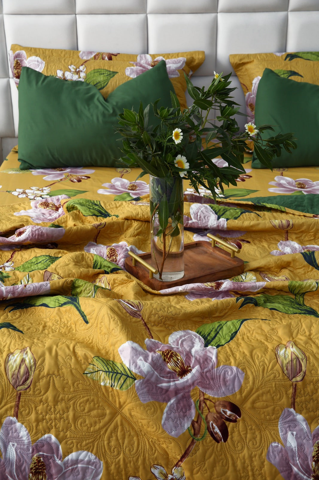 3 PCs Printed Bed Spread Set-Hibiscus Bed Spread Apricot