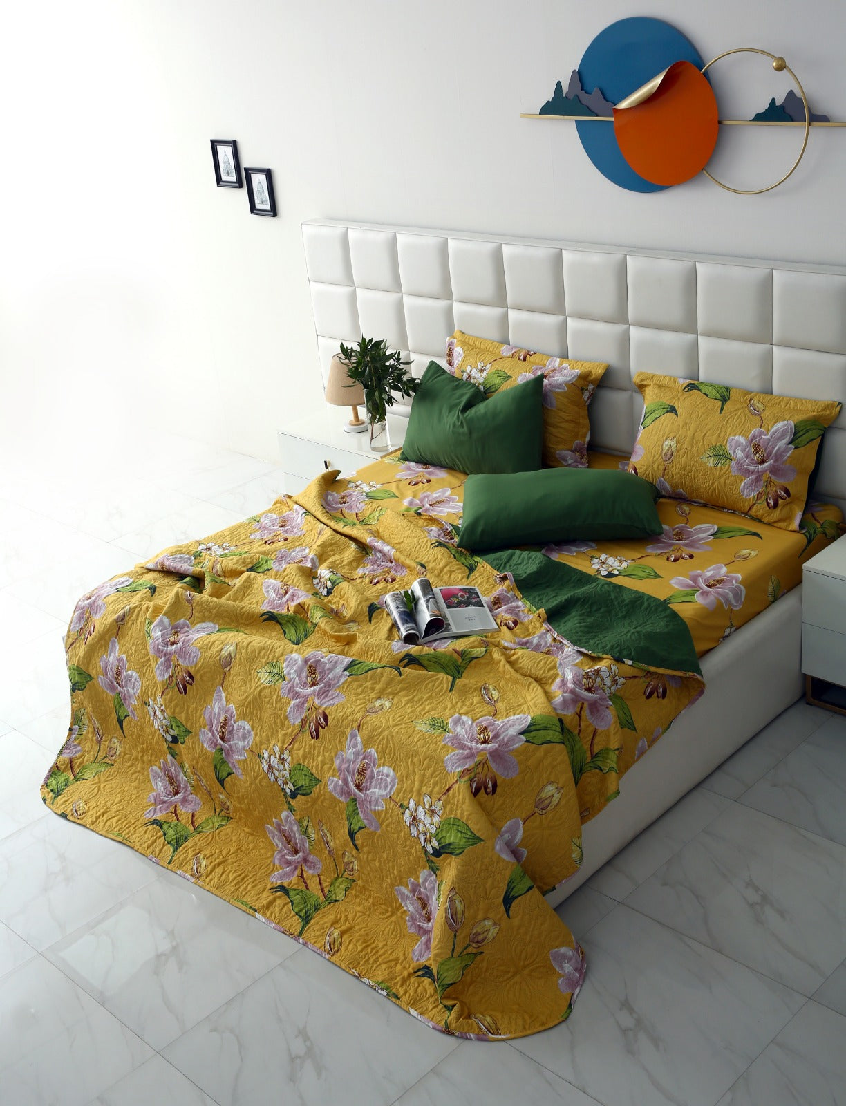 3 PCs Printed Bed Spread Set-Hibiscus Bed Spread Apricot