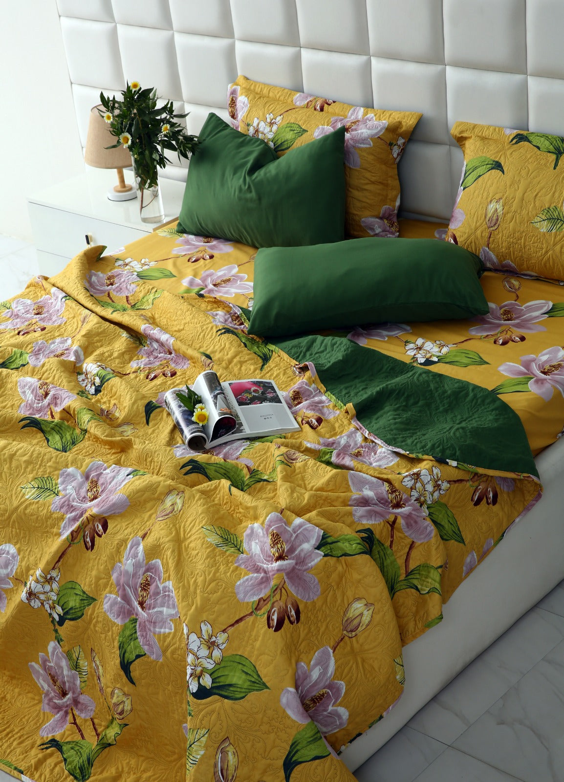 3 PCs Printed Bed Spread Set-Hibiscus Bed Spread Apricot