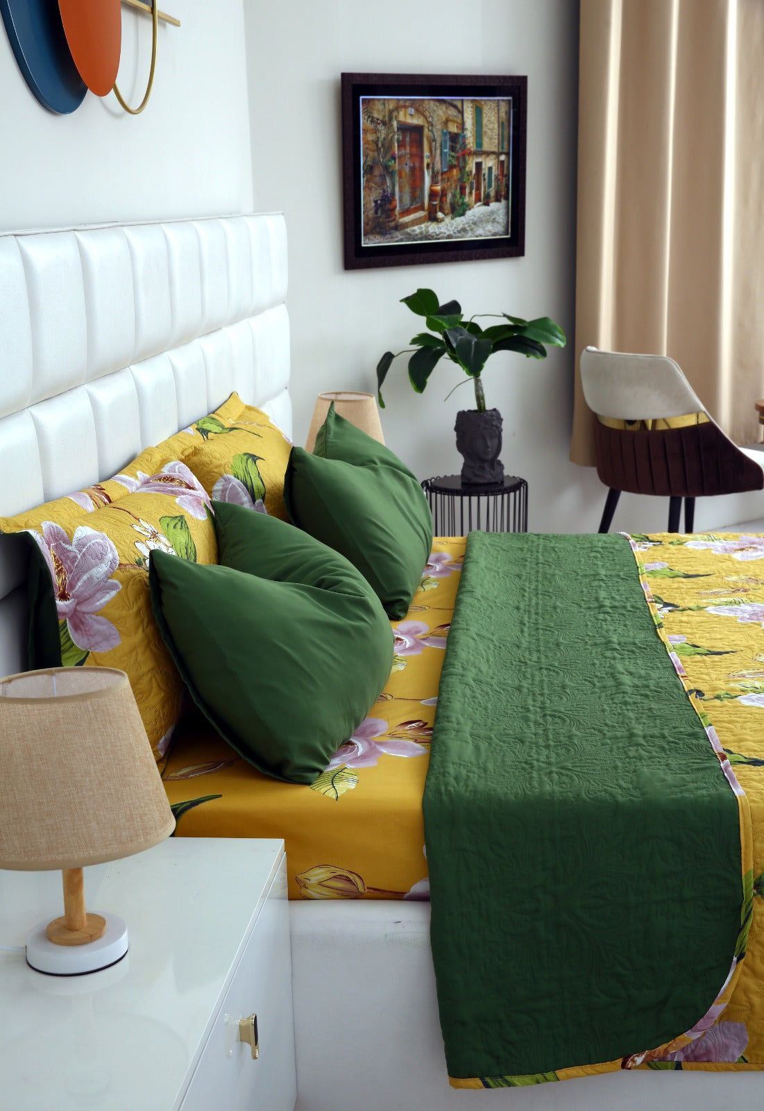 3 PCs Printed Bed Spread Set-Hibiscus Bed Spread Apricot