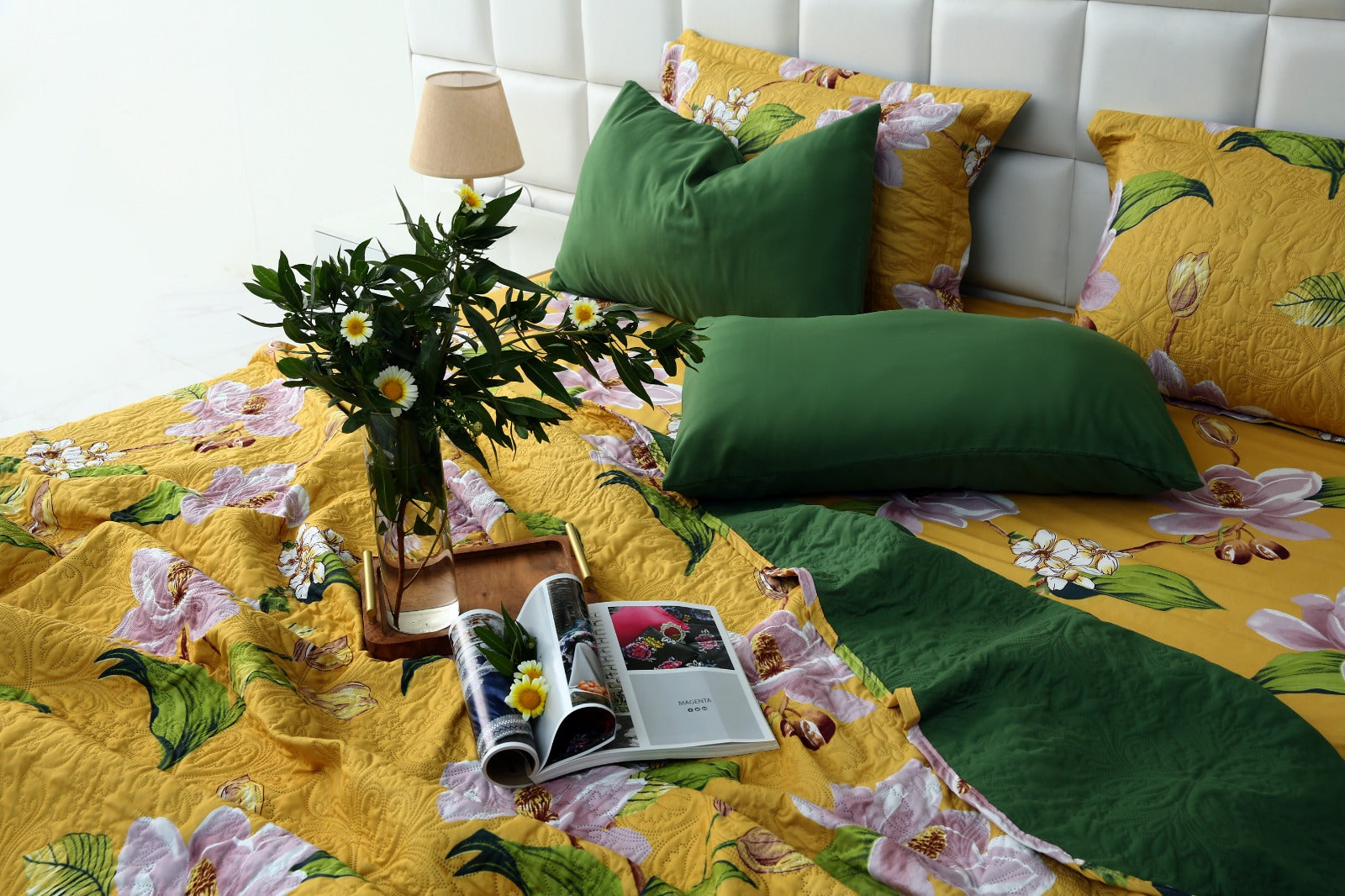 3 PCs Printed Bed Spread Set-Hibiscus Bed Spread Apricot