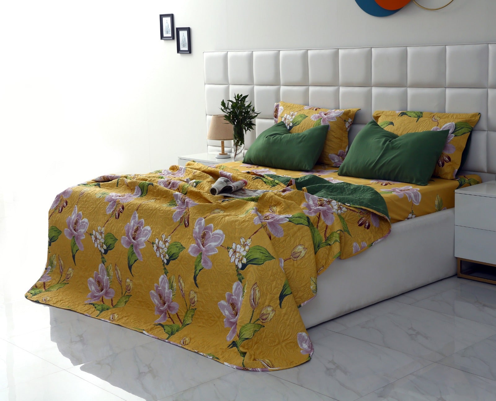 3 PCs Printed Bed Spread Set-Hibiscus Bed Spread Apricot