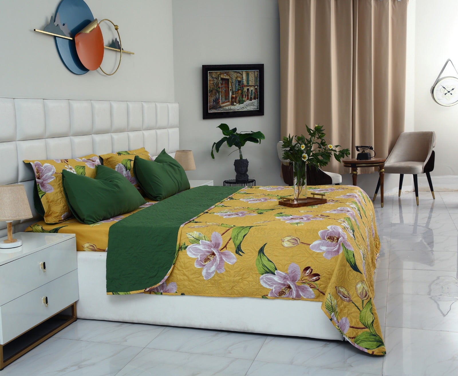 3 PCs Printed Bed Spread Set-Hibiscus Bed Spread Apricot