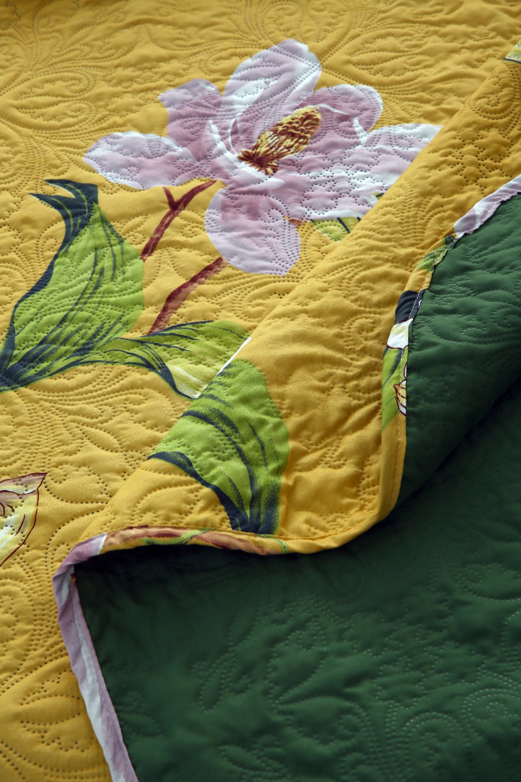 3 PCs Printed Bed Spread Set-Hibiscus Bed Spread Apricot