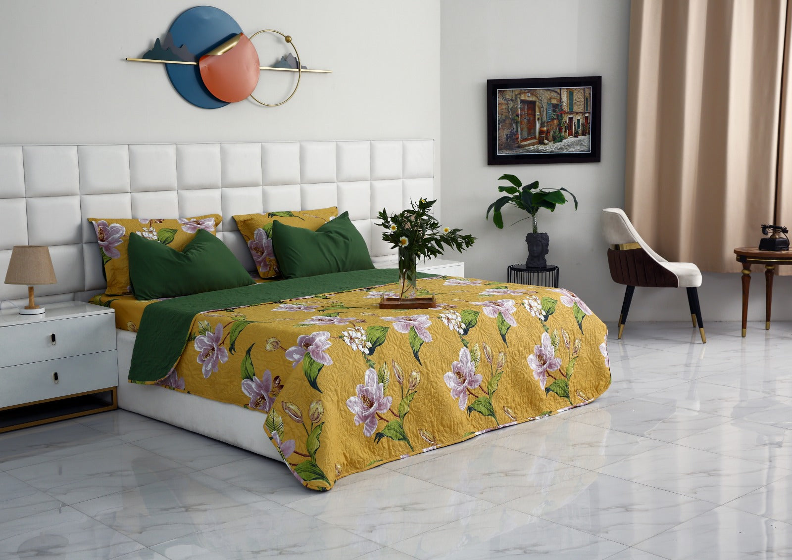 3 PCs Printed Bed Spread Set-Hibiscus Bed Spread Apricot