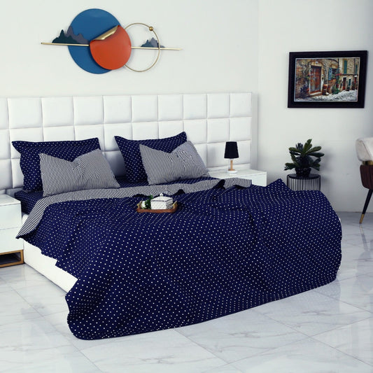 6 PCs Printed Bed Spread Set-Blue Polka Bed Spread Apricot